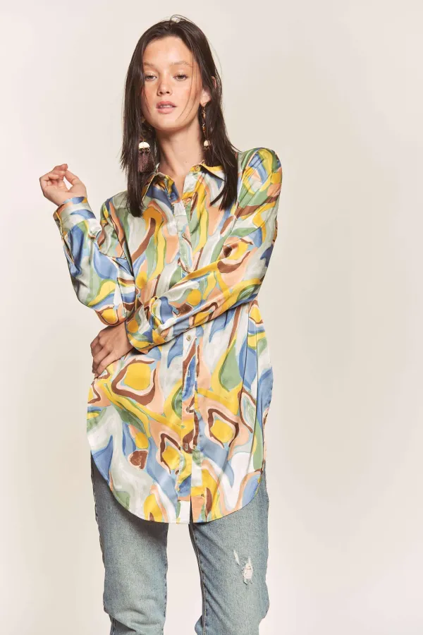 wholesale clothing button down printed satin shirt with longsleeve hersmine