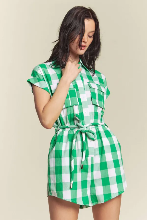 wholesale clothing gingham button down belted romper hersmine