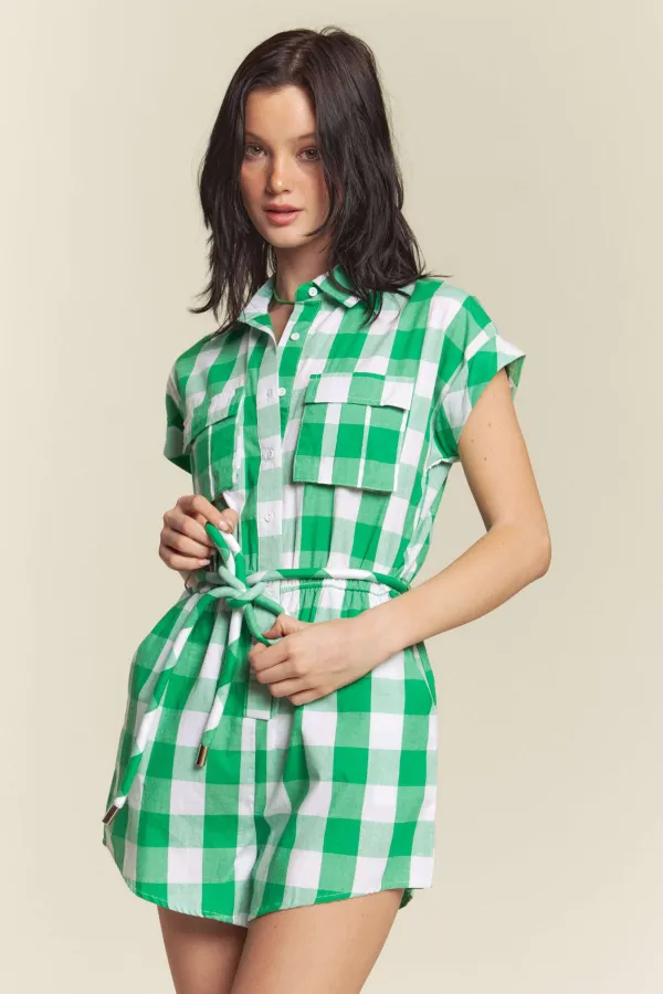wholesale GINGHAM BUTTON DOWN BELTED ROMPER hersmine