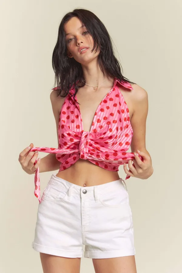 wholesale POLKA DOT SATIN BUTTON DOWN RUCHED BUST TOP hersmine