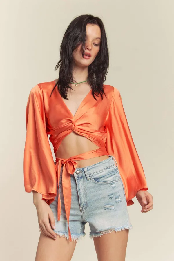 wholesale clothing satin wrap top with bell sleeve hersmine