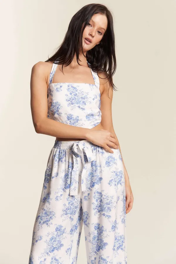 wholesale clothing floral print halter crop top with pants set hersmine