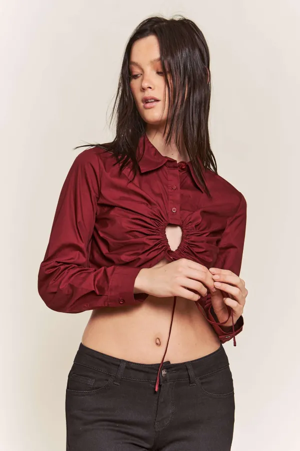 wholesale clothing poplin crop button shirt with ruching front bust hersmine