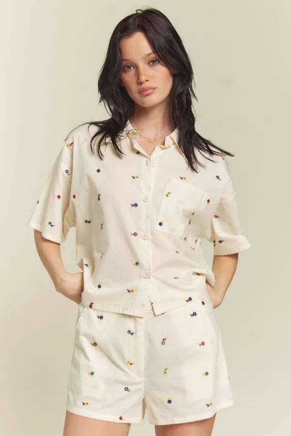 wholesale clothing embroidery button down top with shorts set hersmine