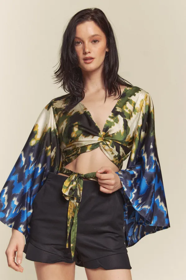 wholesale clothing kimono sleeve border print multi tie wrap top hersmine