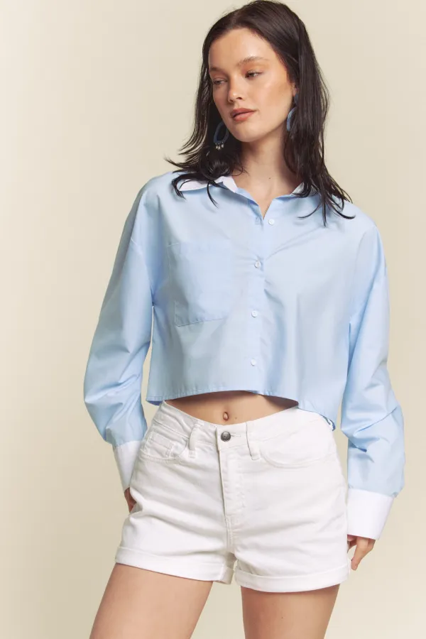 wholesale clothing buttondown crop shirt with collar with sleeve hem hersmine