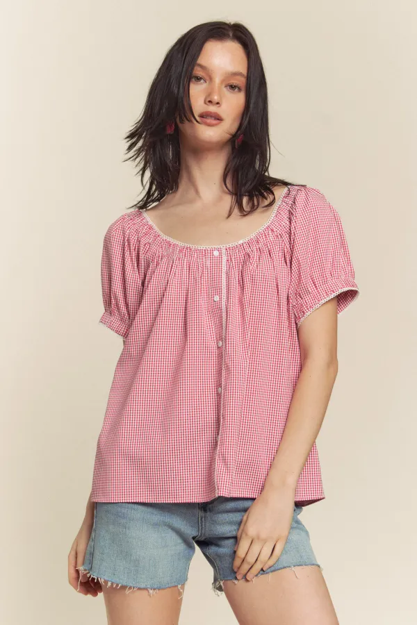 wholesale clothing gingham top with hem detail hersmine
