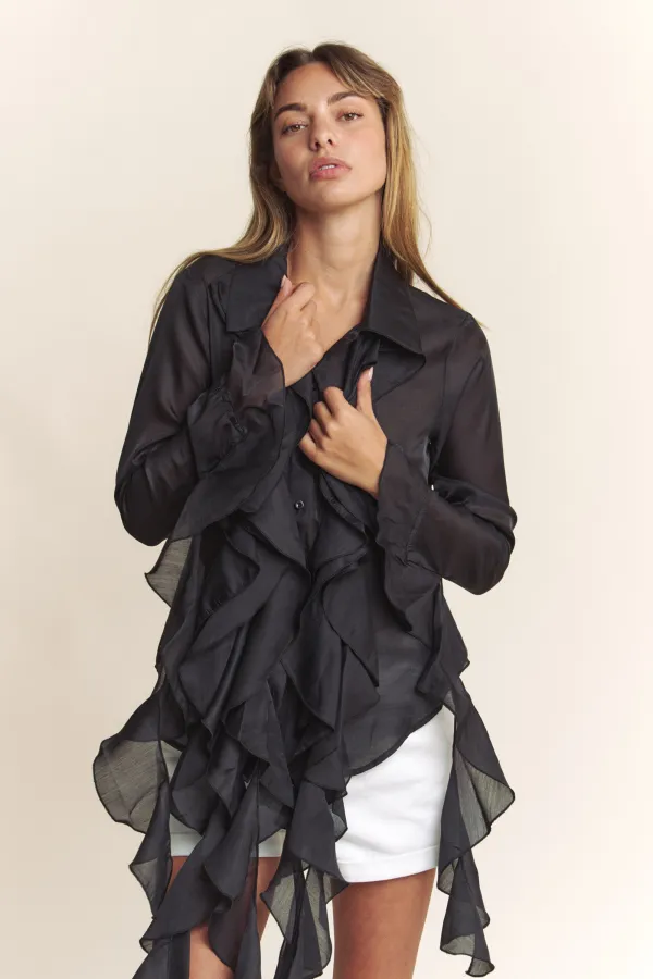 wholesale clothing button down ruffle detailed blouse hersmine