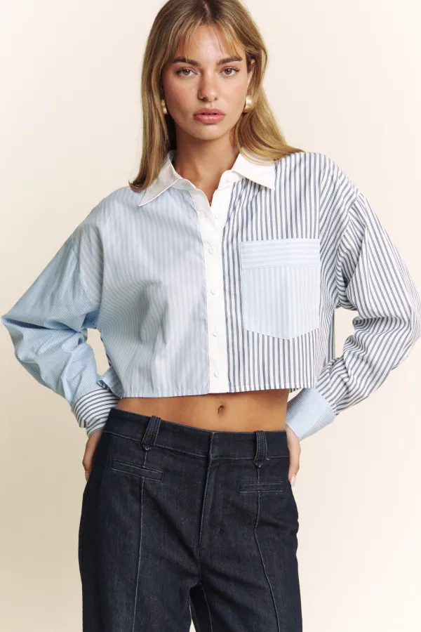 wholesale clothing stripe color block pocket button down crop shirt hersmine