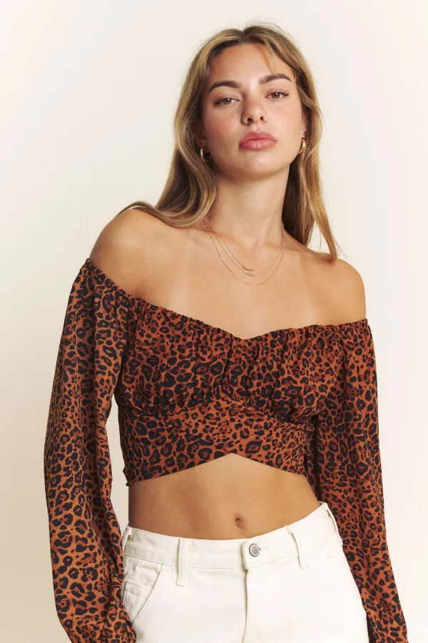 wholesale clothing leopard printed long slv multi tie crop top hersmine