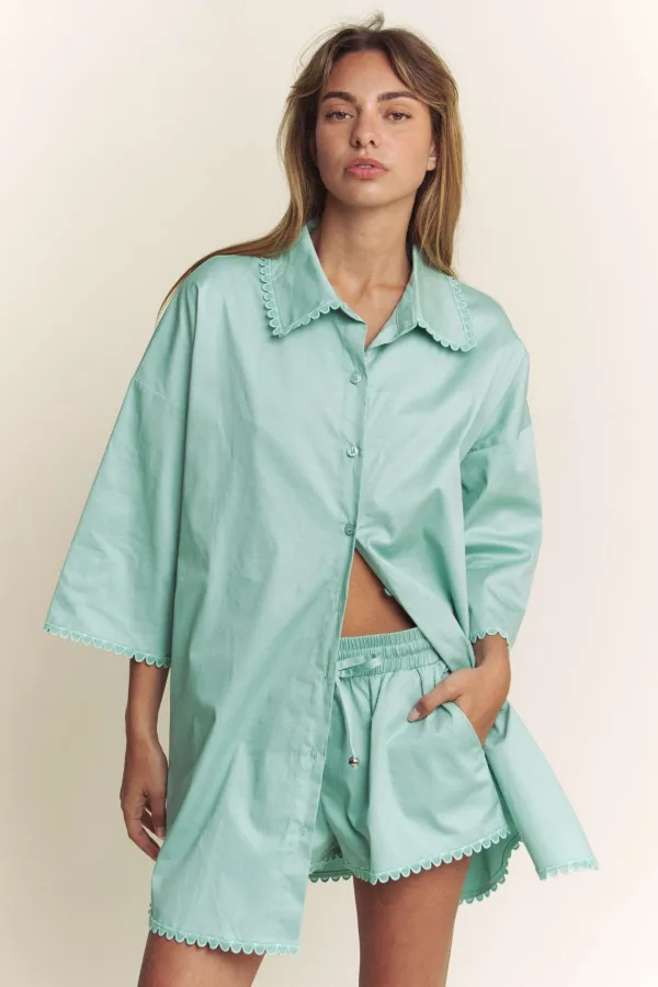 wholesale clothing scallop hem buttondown shirt with shorts set hersmine