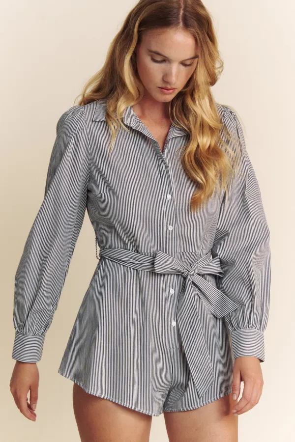 wholesale clothing pinstripe button down belted romper hersmine