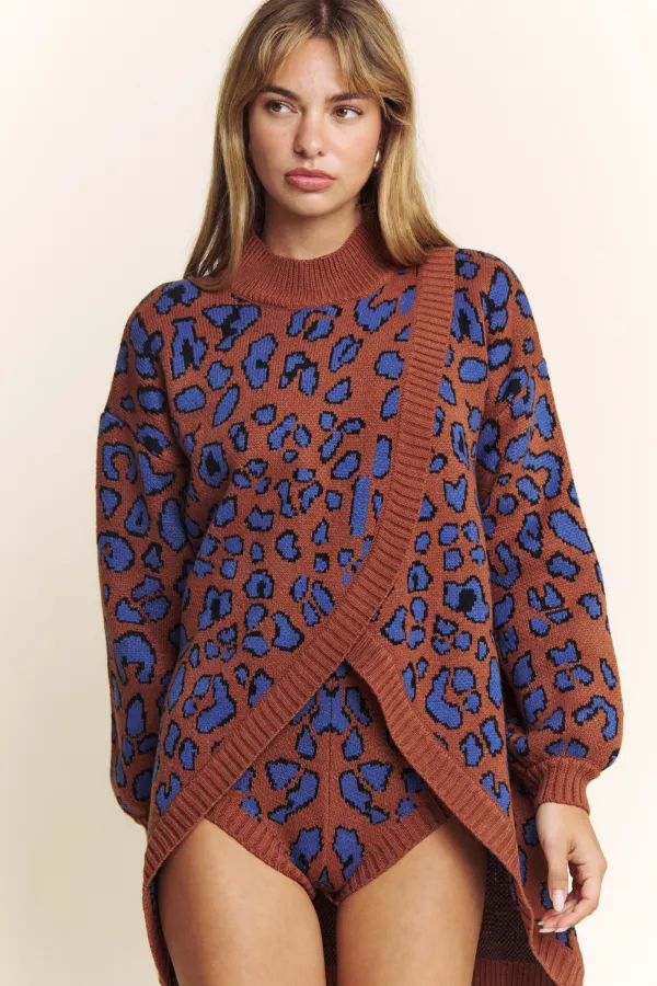 wholesale clothing mock neck animal print overlap sweater set hersmine