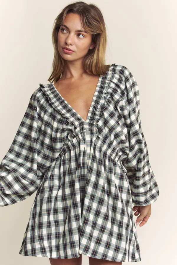 wholesale clothing plaid deep v kimono sleeve romper hersmine