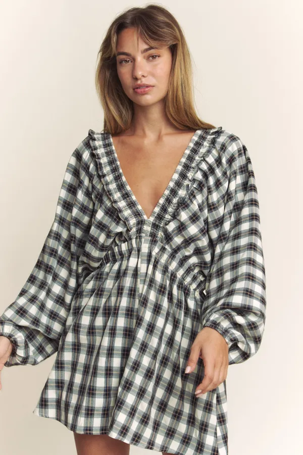 wholesale PLAID DEEP V KIMONO SLEEVE ROMPER hersmine