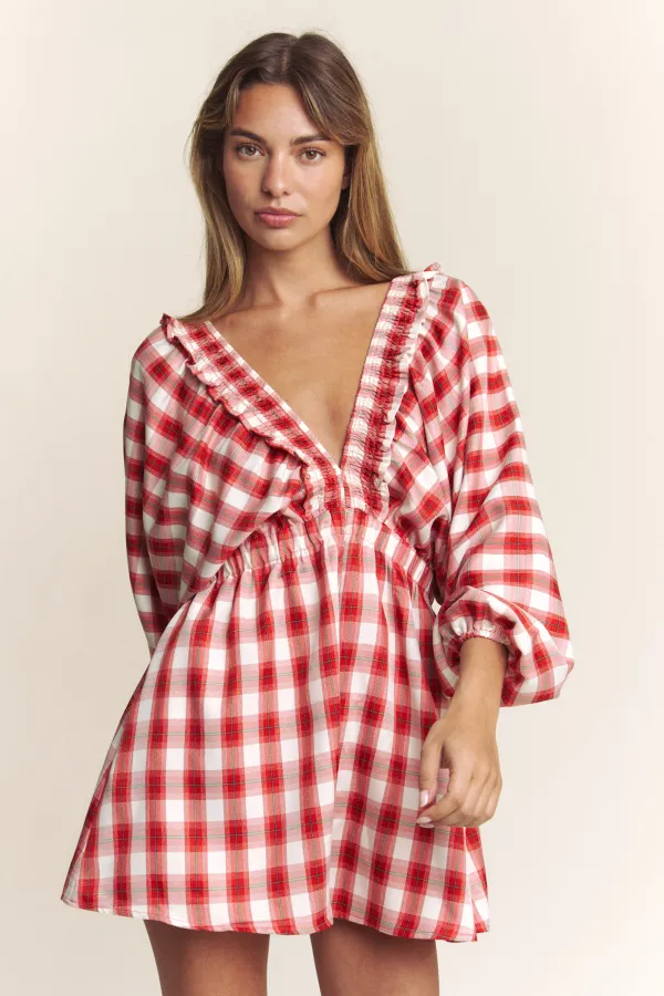 wholesale PLAID DEEP V KIMONO SLEEVE ROMPER hersmine