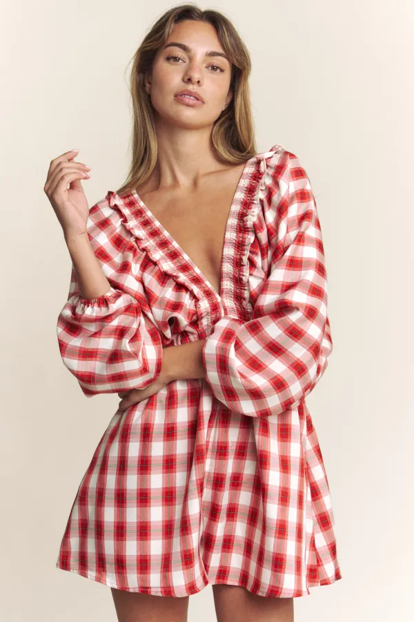 wholesale clothing plaid deep v kimono sleeve romper hersmine