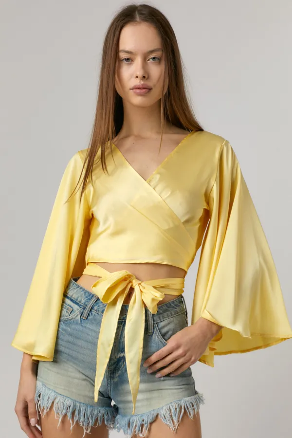 wholesale clothing satin wrap top with bell sleeve hersmine