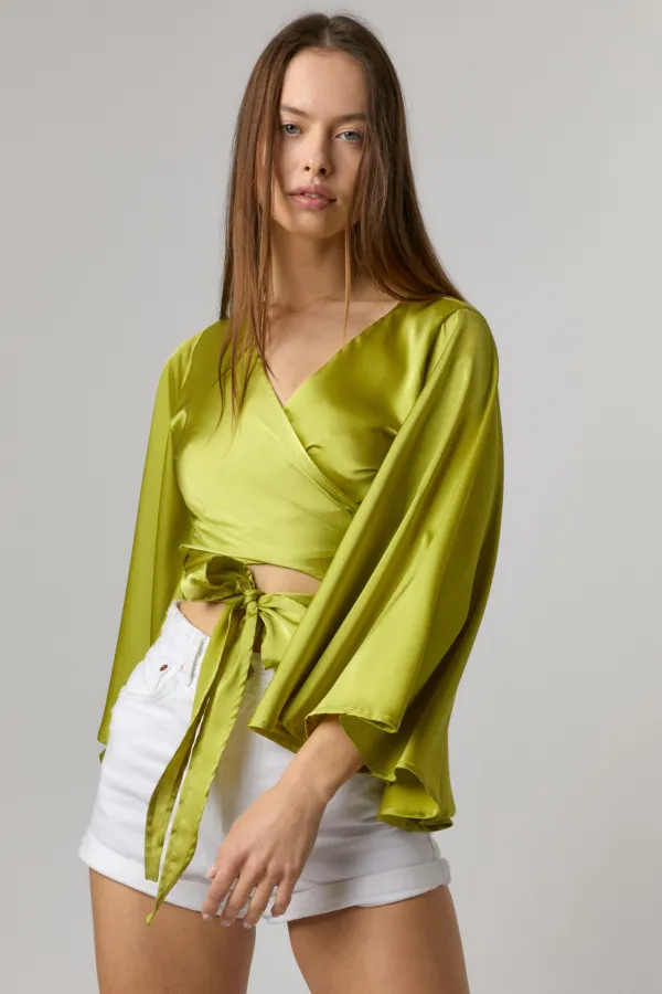 wholesale SATIN WRAP TOP WITH BELL SLEEVE hersmine