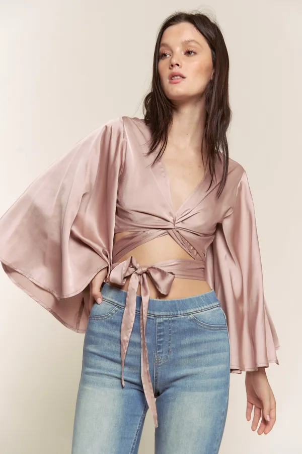 wholesale SATIN WRAP TOP WITH BELL SLEEVE hersmine