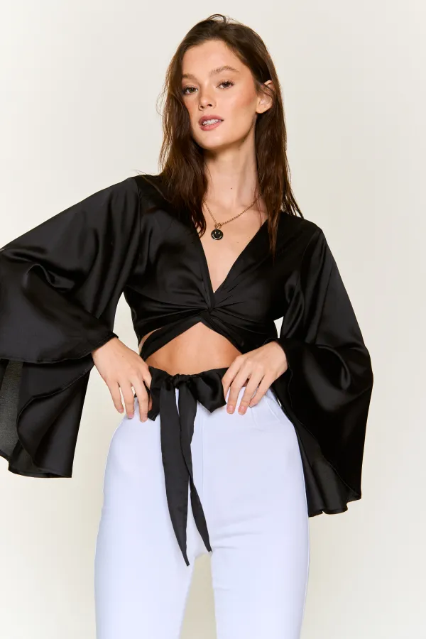 wholesale clothing satin wrap top with bell sleeve hersmine