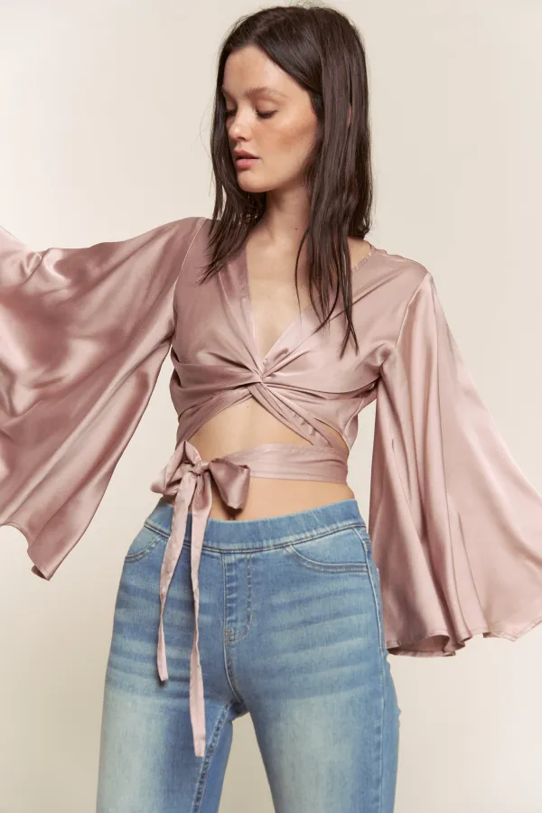 wholesale clothing satin wrap top with bell sleeve hersmine