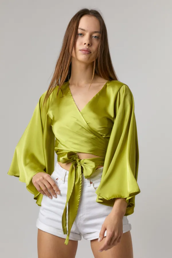 wholesale clothing satin wrap top with bell sleeve hersmine