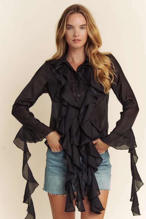 wholesale clothing button down ruffle detailed blouse hersmine