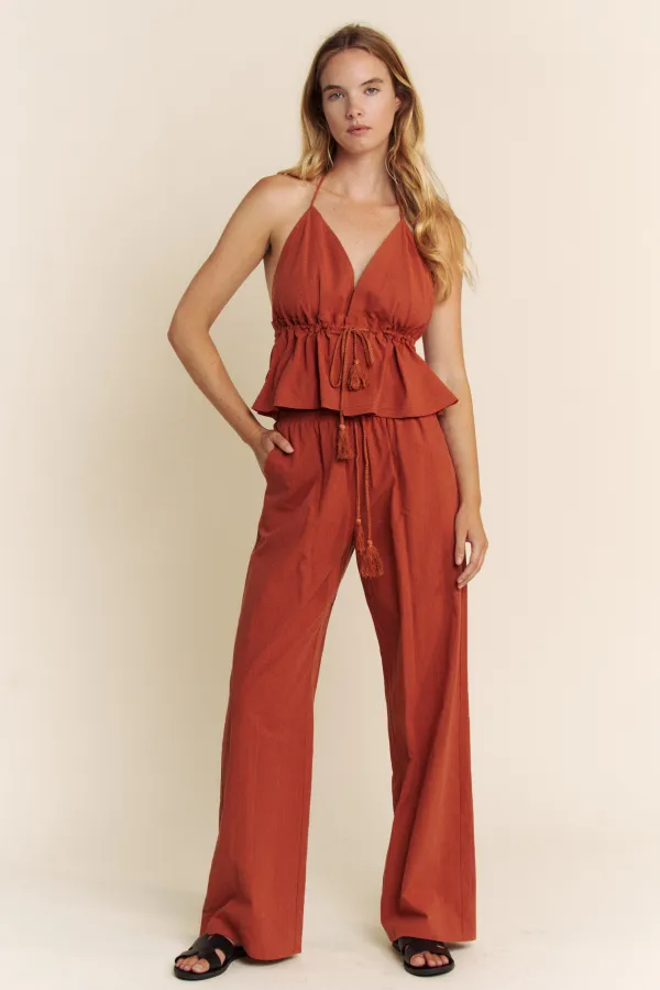 wholesale LINEN HALTER OPEN BACK TOP WITH LONG PANTS SET hersmine