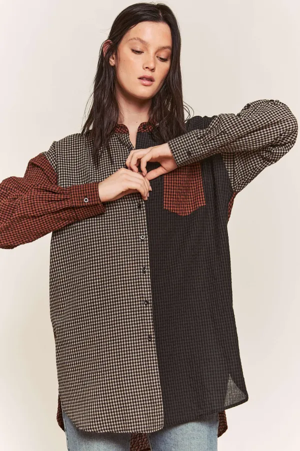 wholesale clothing multi color block long slv oversized  shirt hersmine