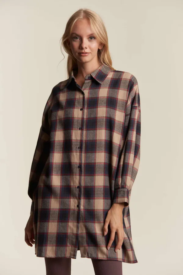 wholesale clothing button down oversize long slv plaid shirt hersmine