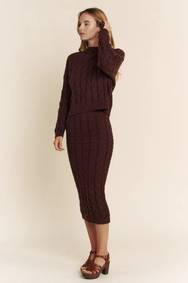 wholesale CABLE KNIT ROUND NECK SWEATER TOP WITH SKIRT SET hersmine