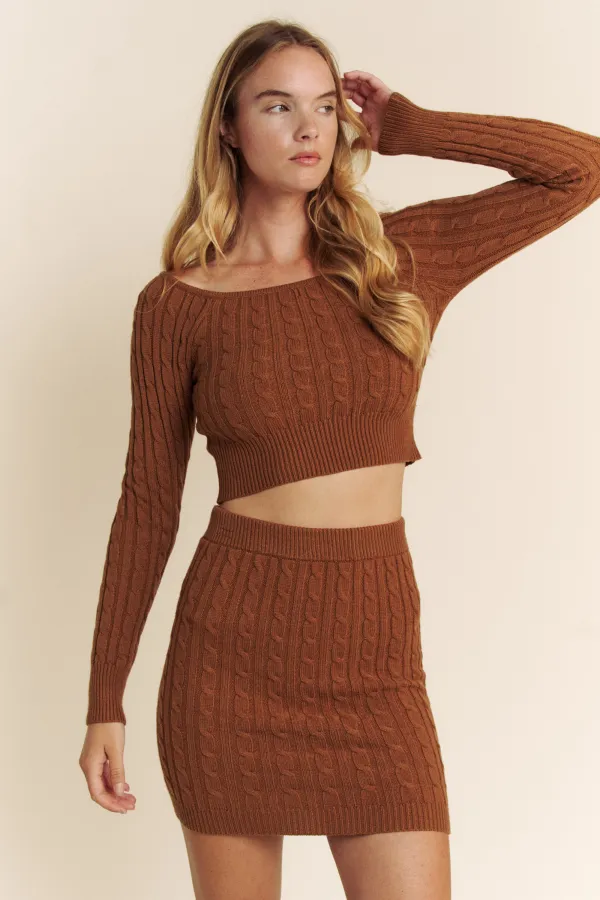 wholesale CABLE KNIT BOAT NECK SWEATER TOP WITH SKIRT SET hersmine