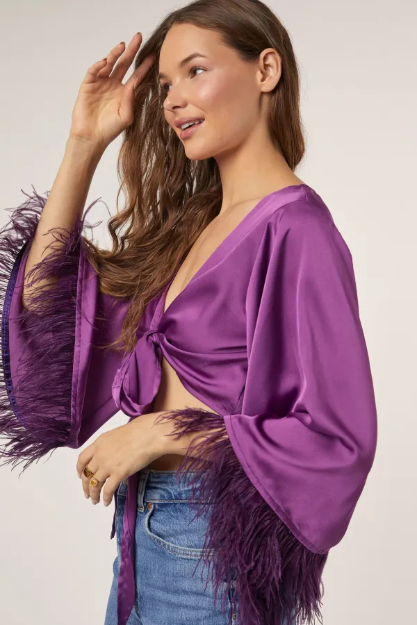 wholesale SATIN KIMONO SLEEVE TIE FRONT TOP WITH FUR HEM hersmine