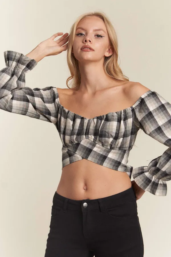 wholesale PLAID TWIST TIE LONG SLEEVE OPEN BACK CROP TOP hersmine