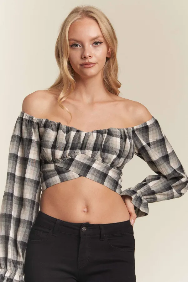 wholesale clothing plaid twist tie long sleeve open back crop top hersmine