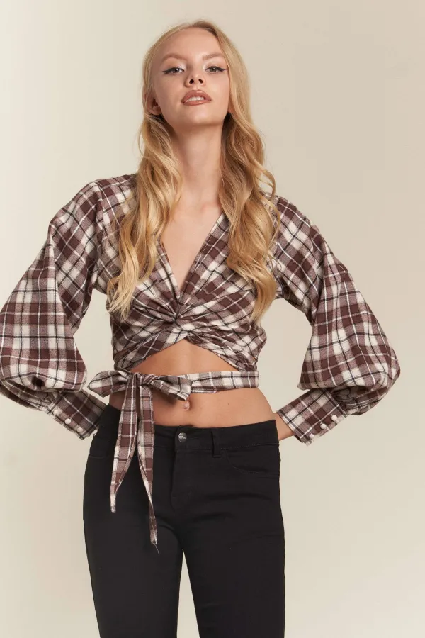 wholesale clothing plaid balloon slv multi tie wrap cropped top hersmine