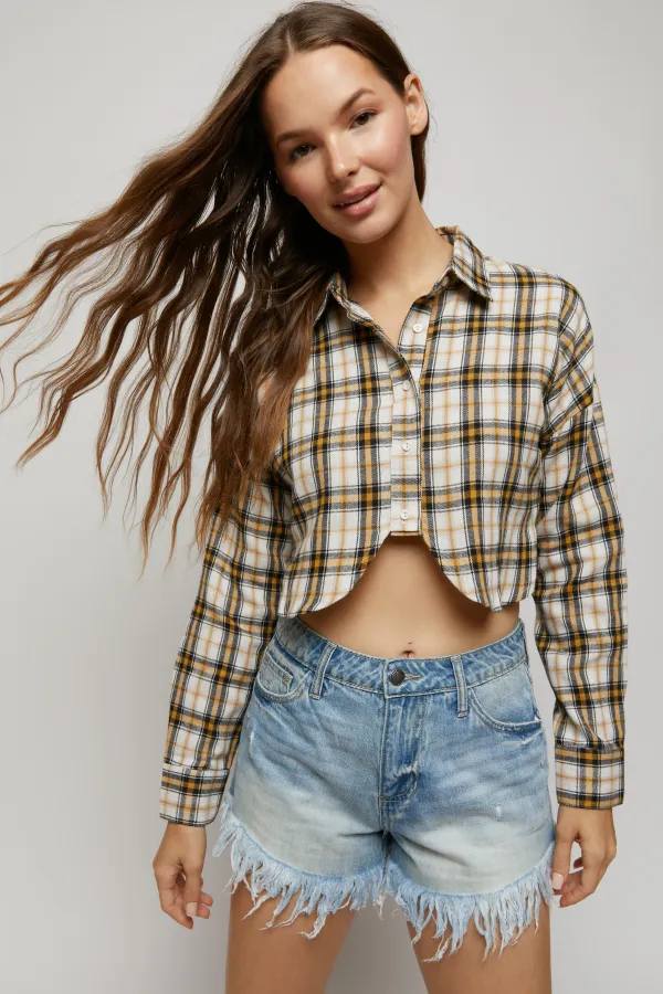 wholesale clothing button down crop long sleeve plaid shirt hersmine