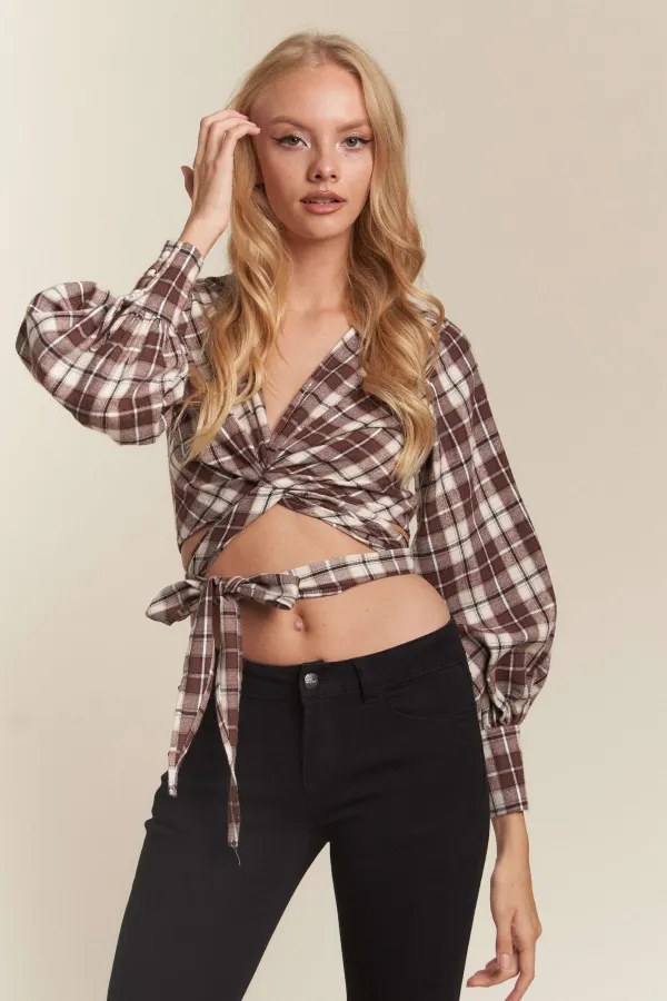 wholesale PLAID BALLOON SLV MULTI TIE WRAP CROPPED TOP hersmine