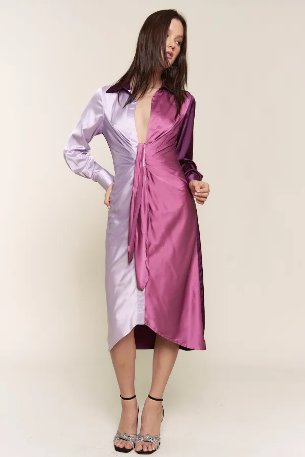 wholesale clothing color block button down satin midi dress hersmine