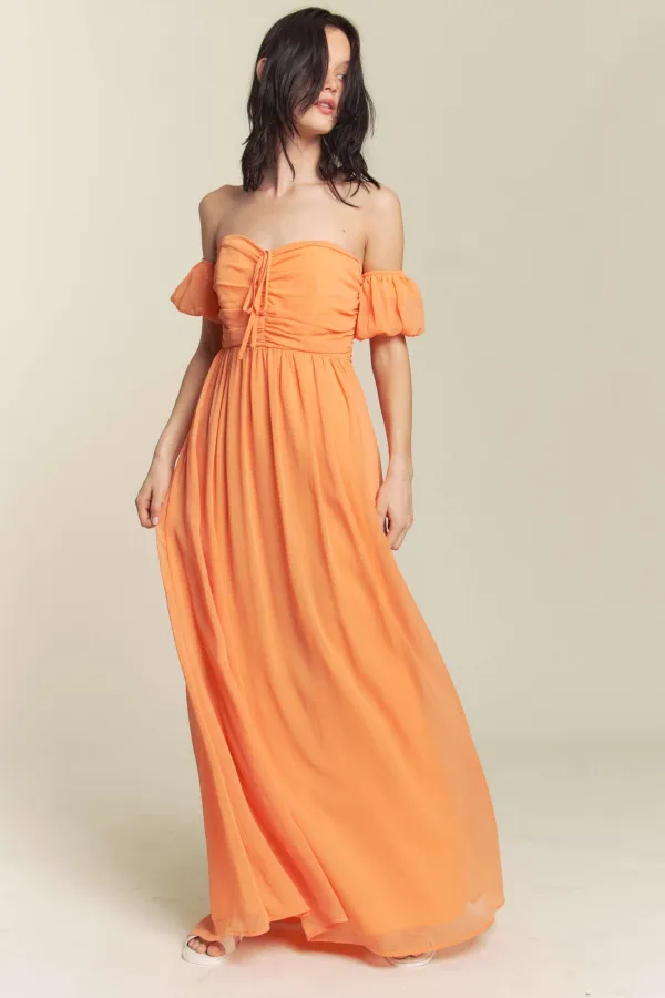 wholesale clothing ruched chest off shoulder chiffon maxi dress hersmine