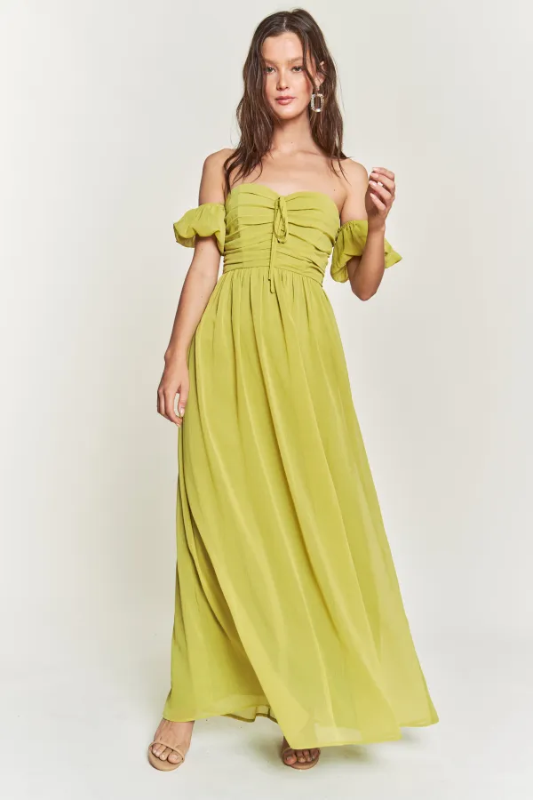 wholesale clothing ruched chest off shoulder chiffon maxi dress hersmine