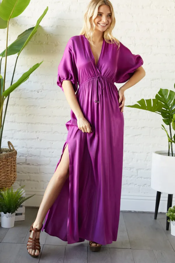 wholesale clothing deep v bubble slv side seam slit maxi dress hersmine