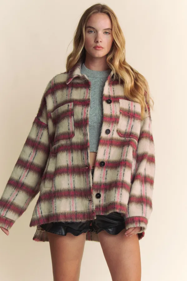 wholesale PLAID BRUSHED BUTTTON DOWN OVERSIZED JACKET hersmine