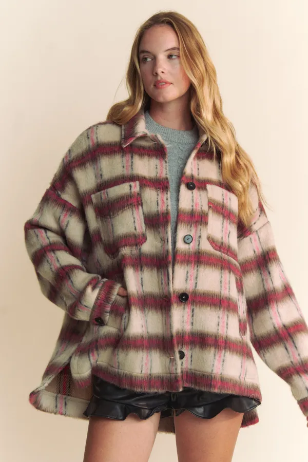 wholesale clothing plaid brushed buttton down oversized jacket hersmine