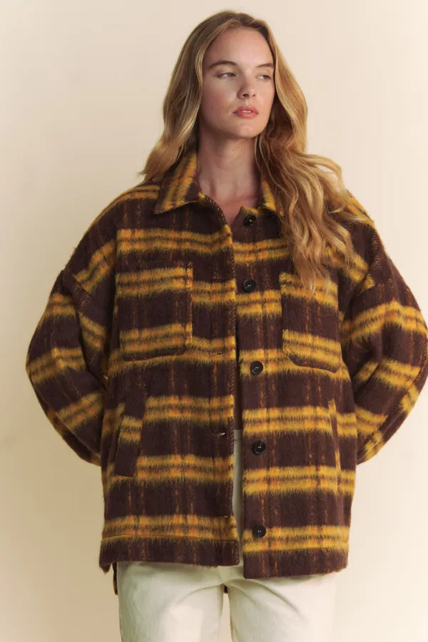 wholesale clothing plaid brushed buttton down oversized jacket hersmine