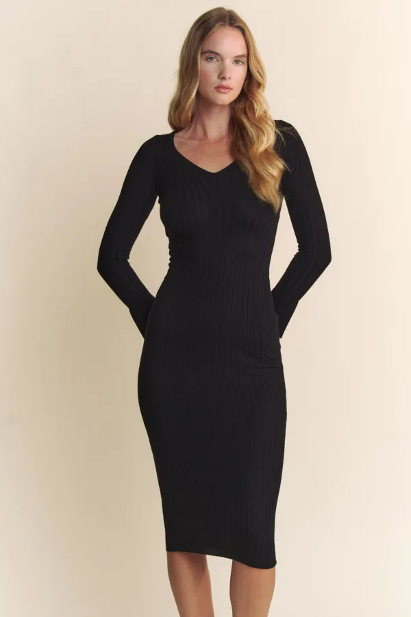 wholesale DEEP V NECK LONG SLEEVE MIDI SWEATER DRESS hersmine