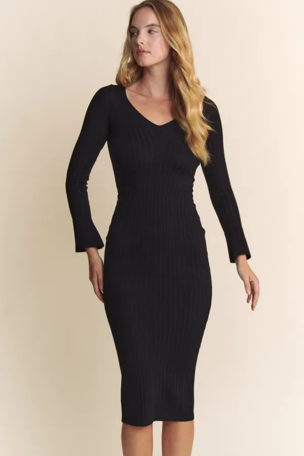 wholesale clothing deep v neck long sleeve midi sweater dress hersmine