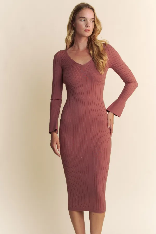 wholesale clothing deep v neck long sleeve midi sweater dress hersmine