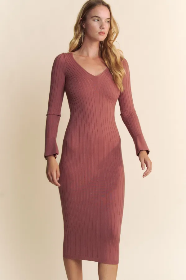 wholesale DEEP V NECK LONG SLEEVE MIDI SWEATER DRESS hersmine